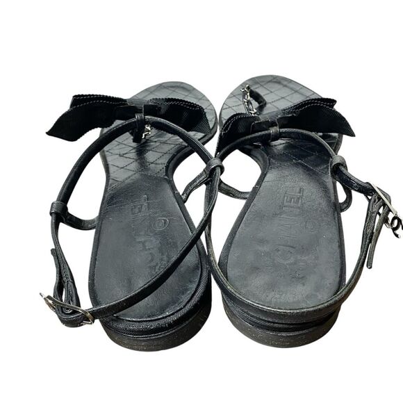 CHANEL Interlocking CC Logo Black Leather T Strap Sandals Thong EU 41 Bow Quilt - Picture 7 of 9